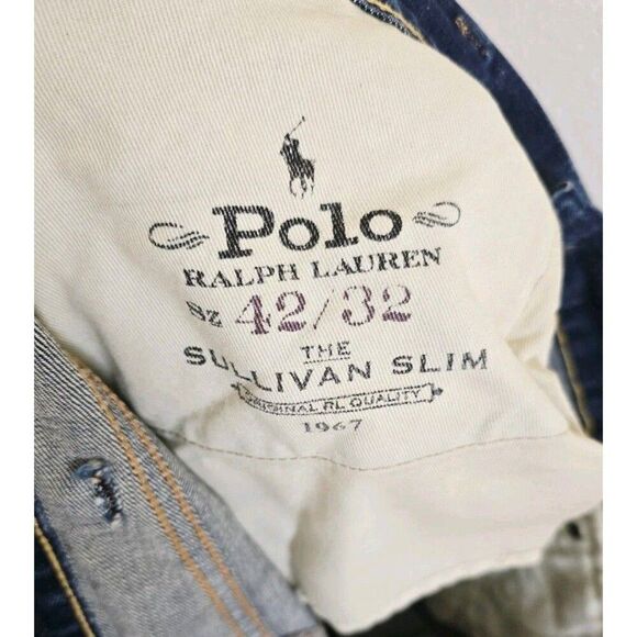 New-Polo Ralph Lauren Mens Sullivan Slim Paint Distressed Blue Denim Jeans 42x32 - Picture 2 of 11